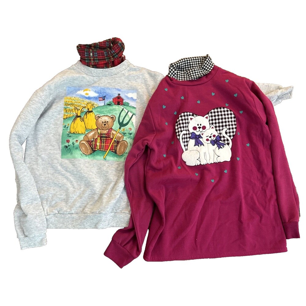 2x Vtg Basic Image Sweatshirt Girls Size 14/16 XL Mock Turtleneck Cats Bear EUC